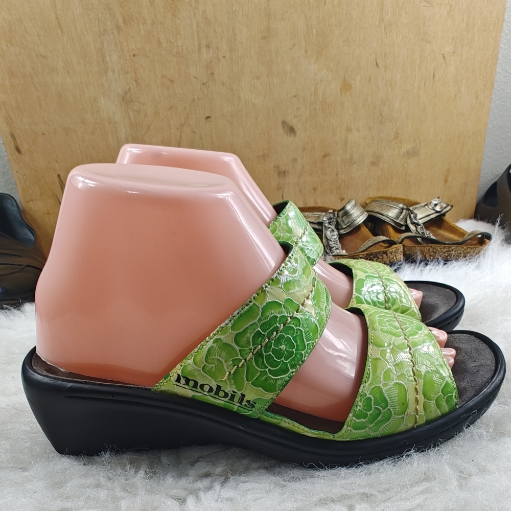 Mephisto Mobils Green Leather Flower Print 2-Strap Slide Sandals EU 39  US 8-8.5 - Picture 5 of 11